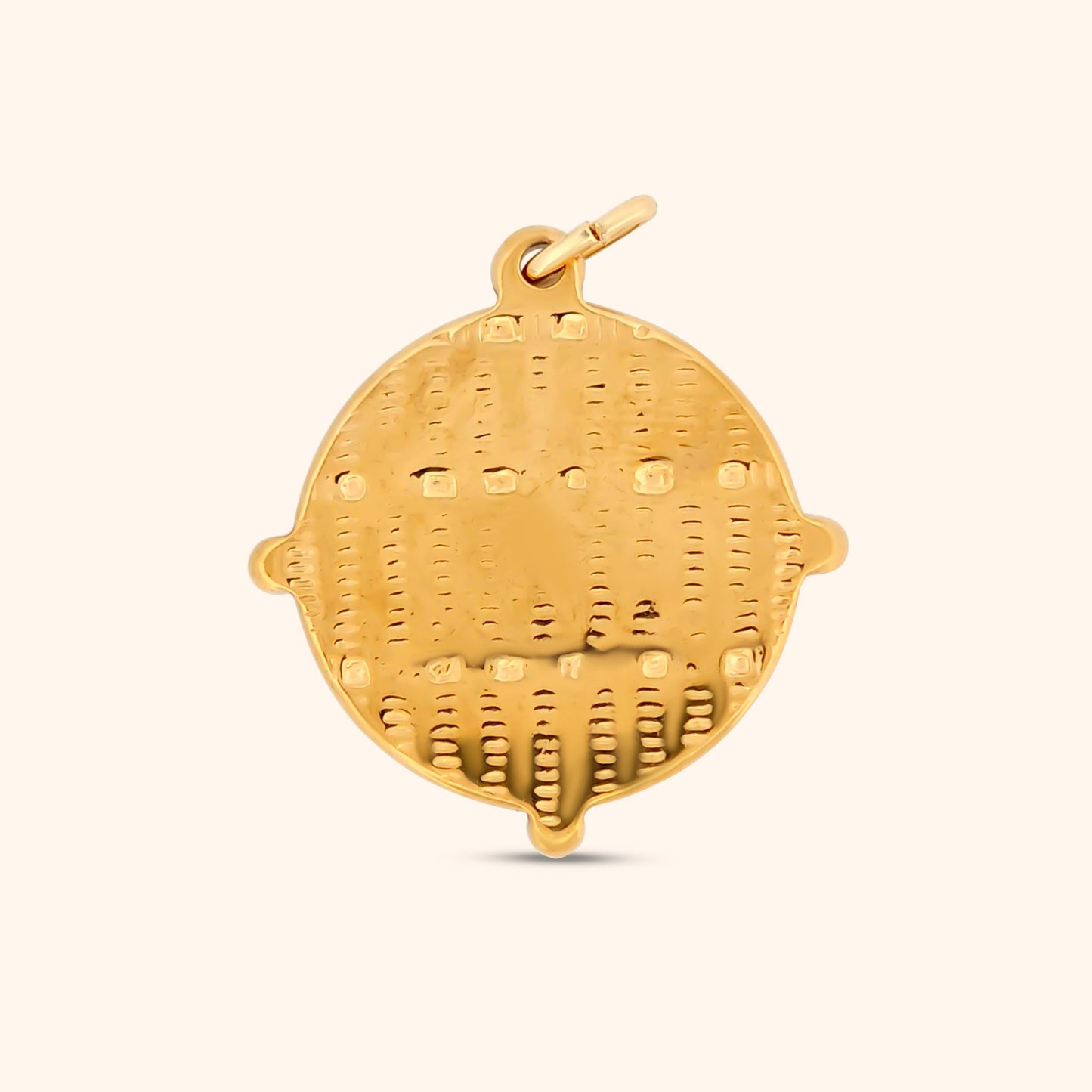 Rear view of the Andes Charm, showcasing the texture on the circular charm.