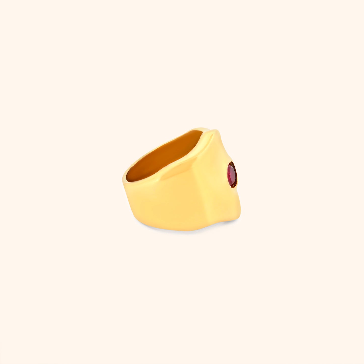 Side view of the Aurelia Band, showcasing the width of the gold band and the setting of the single stone.