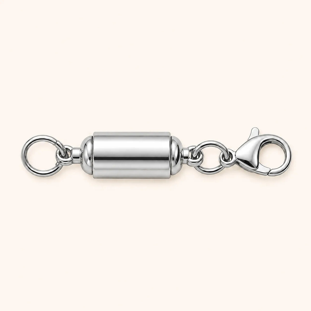 Magnetic jewelry clasp adapter with lobster clasp and connecting rings, available in polished stainless steel.