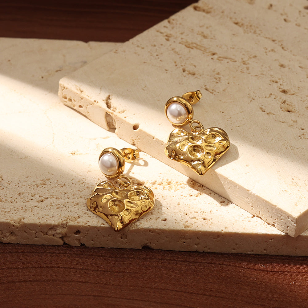 Golden Heart Pearl Drop Earrings