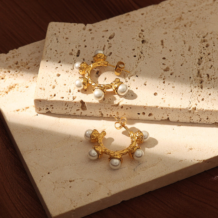 Pearl Cluster Gold Hoop Earrings