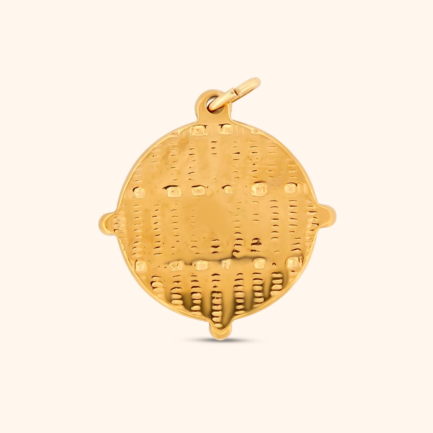 Rear view of the Andes Charm, showcasing the texture on the circular charm.