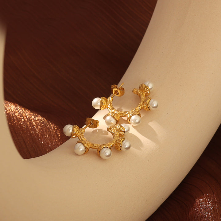 Pearl Cluster Gold Hoop Earrings