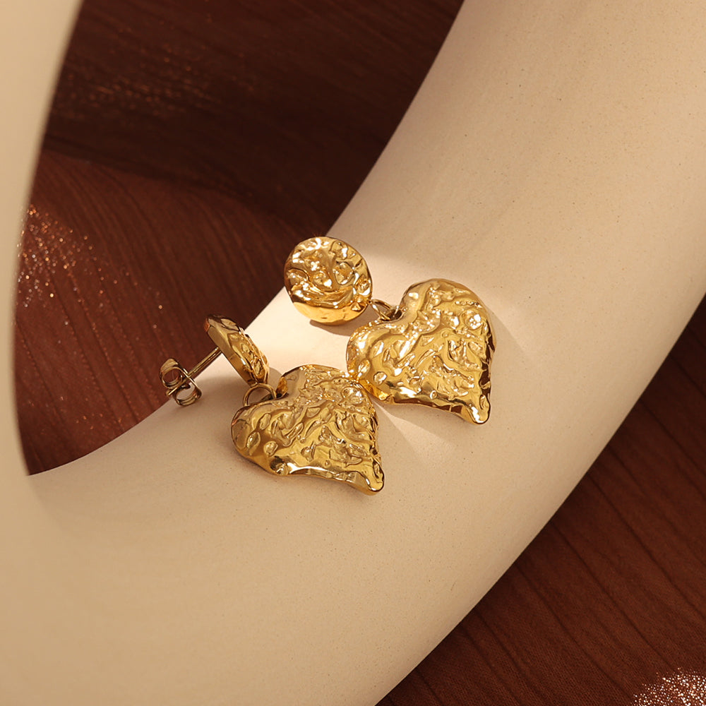 Gold Hammered Heart Drop Earrings