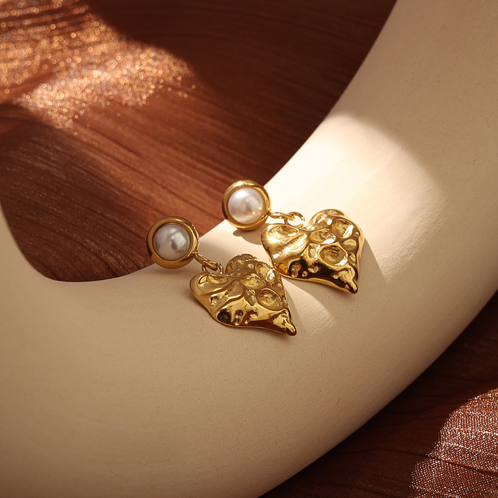 Golden Heart Pearl Drop Earrings