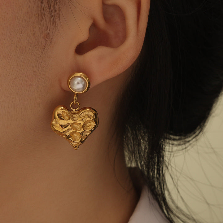 Golden Heart Pearl Drop Earrings