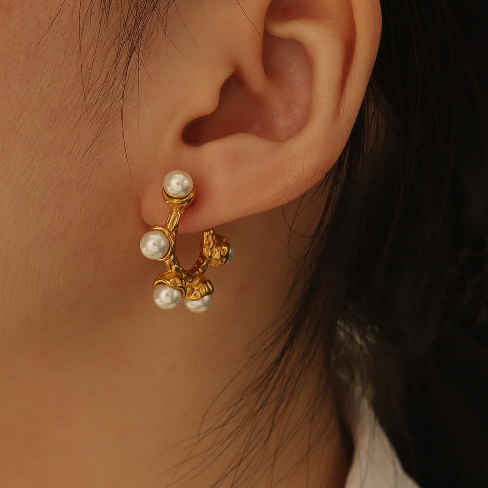 Pearl Cluster Gold Hoop Earrings