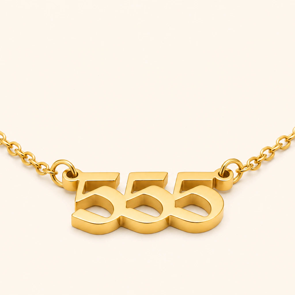 555 Angel Number Necklace at a 45 degree angle. 18k gold