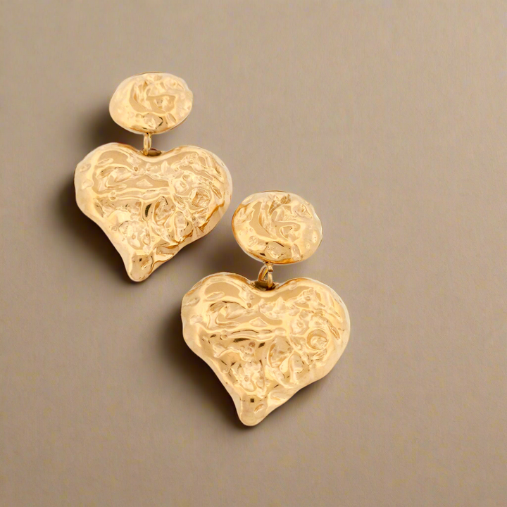 Gold Hammered Heart Drop Earrings