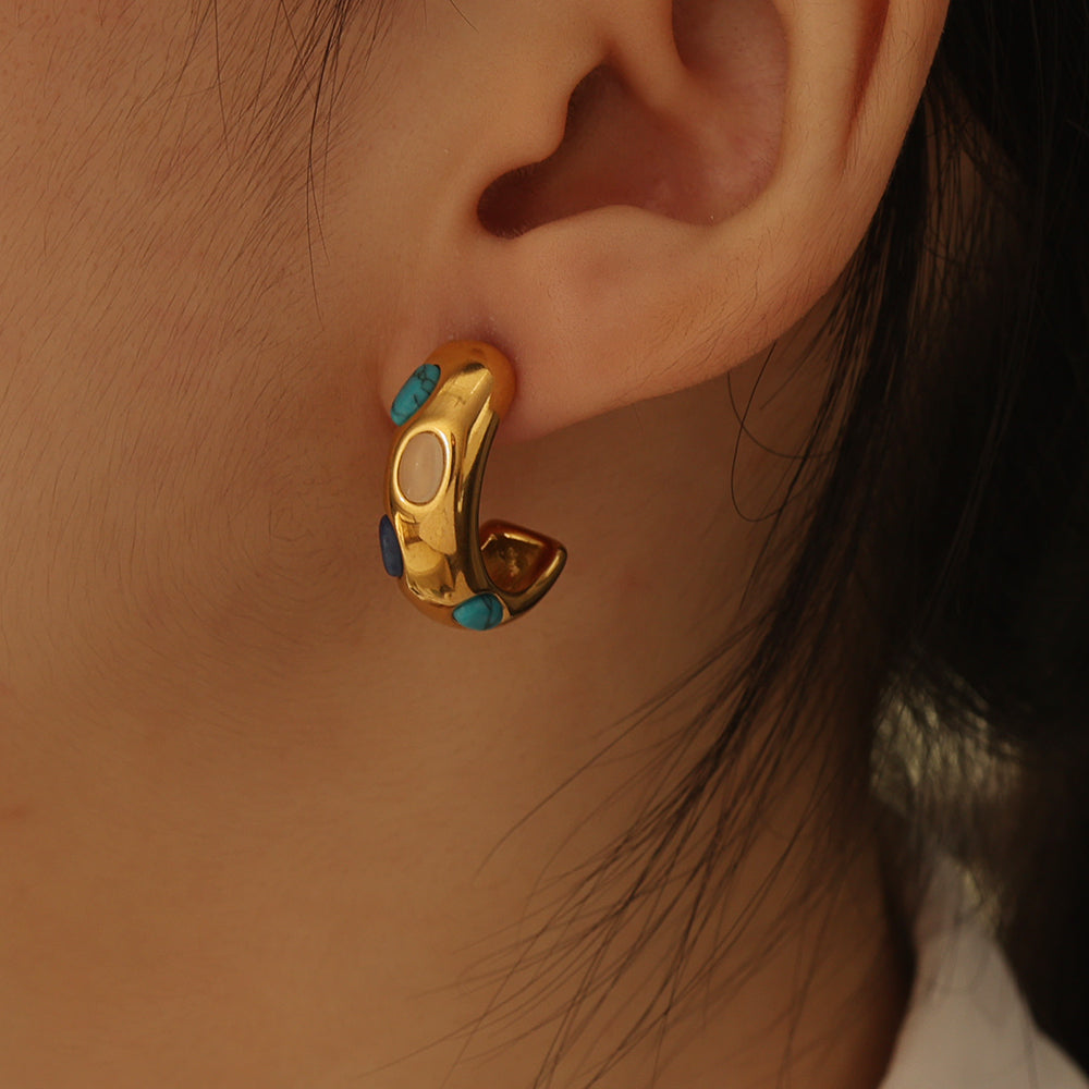 Chunky Gold Hoop Earrings with Multi-Stone Detail