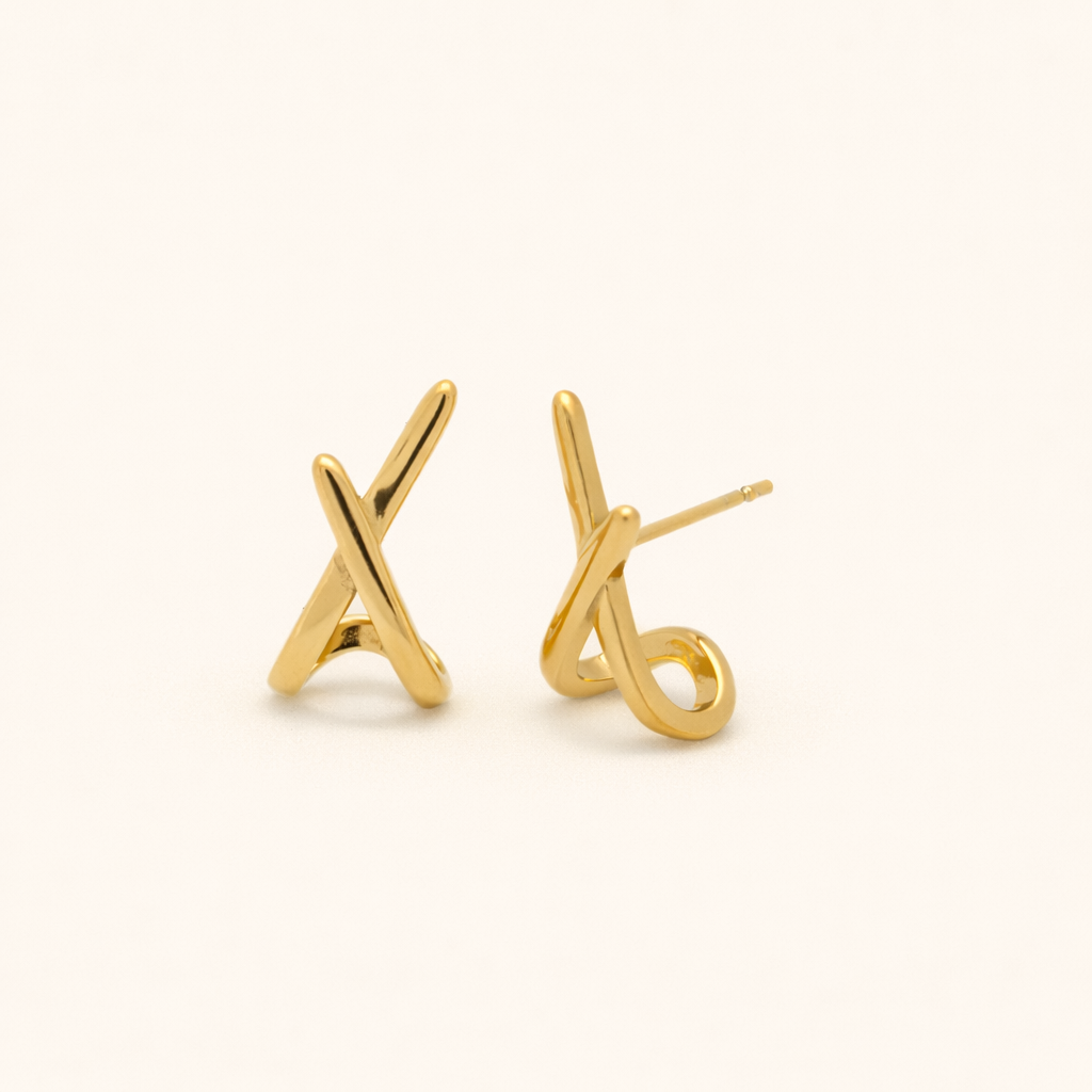 18k plated gold stud earrings in an X-shaped crossover design, available with smooth finish or clear crystal accents