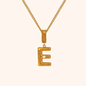 Gold letter E necklace with delicate pearl detail