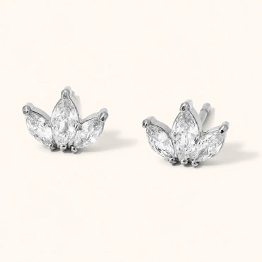 Three-stone marquise clear stud earrings in a lotus-inspired shape, available in polished stainless steel.