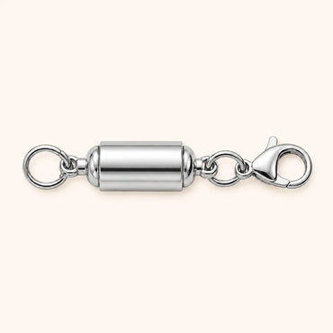 Magnetic jewelry clasp adapter with lobster clasp and connecting rings, available in polished stainless steel.