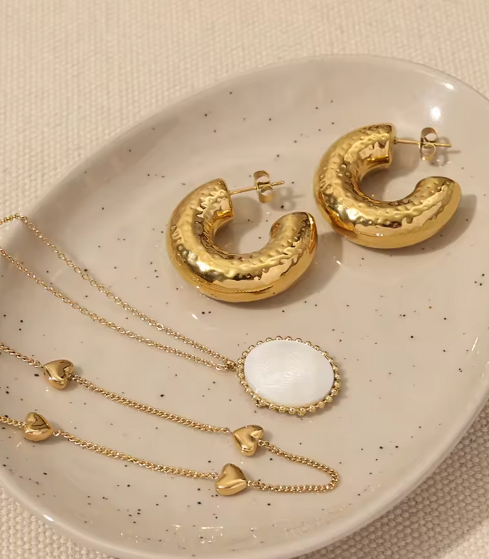 Pressie 18K gold plated hammered hoop earrings, waterproof, close-up