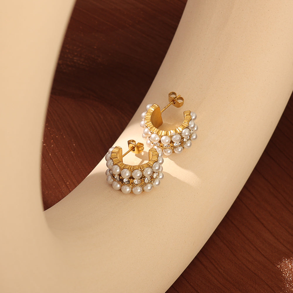 Pearl-Embellished Gold Hoop Earrings