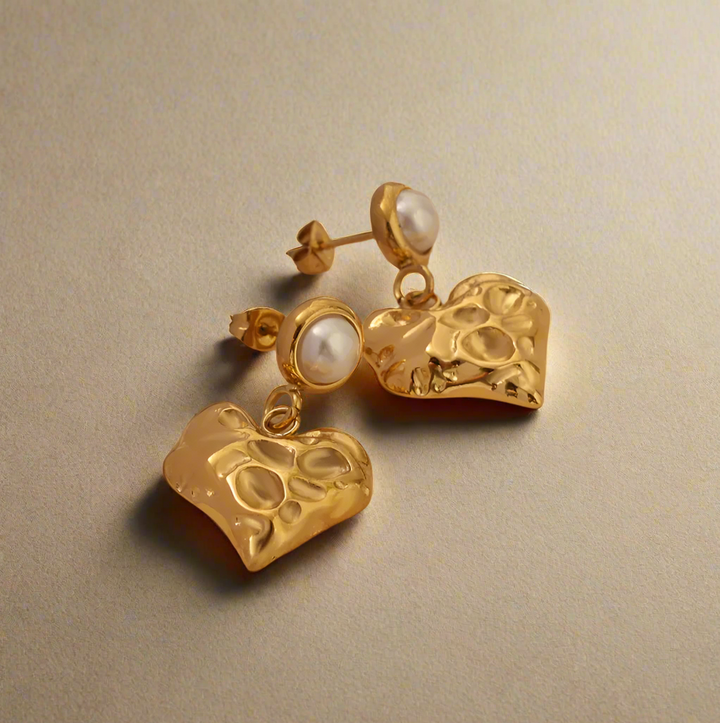 Golden Heart Pearl Drop Earrings