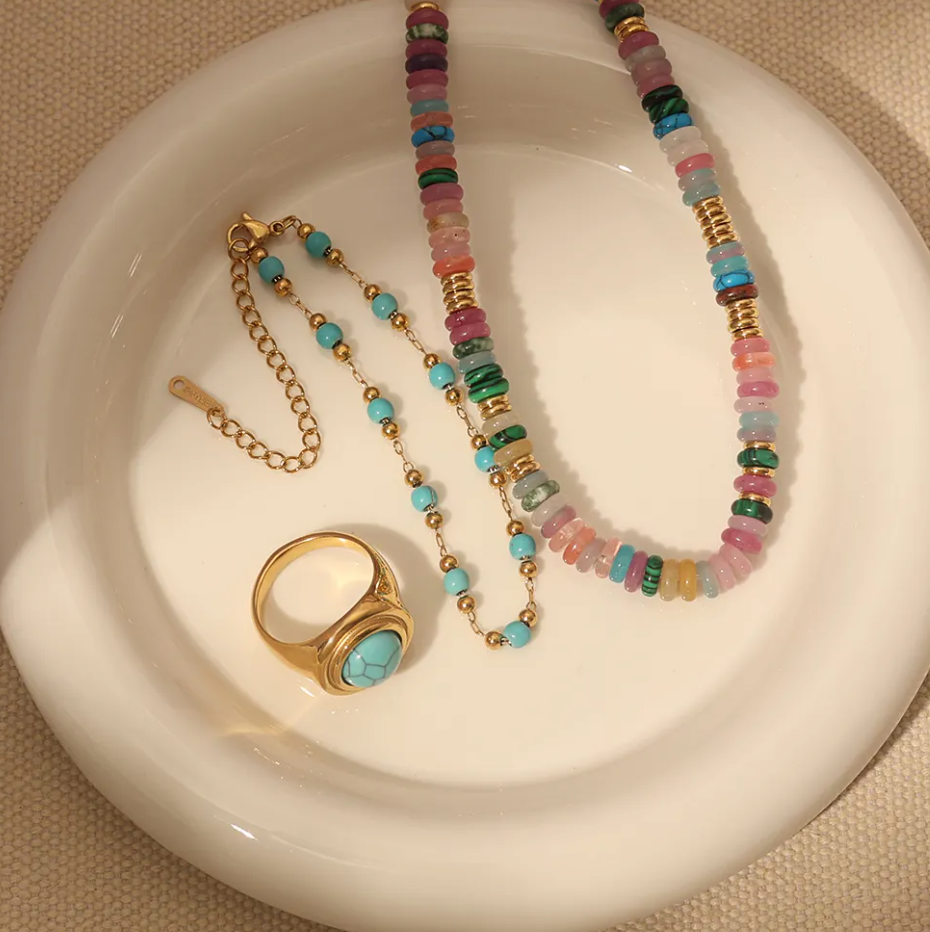 Pressie Turquoise Beaded Bracelet, 18K gold plated, adjustable fit