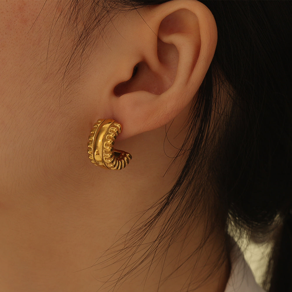 Sculpted Gold Ribbed Curved Hoops