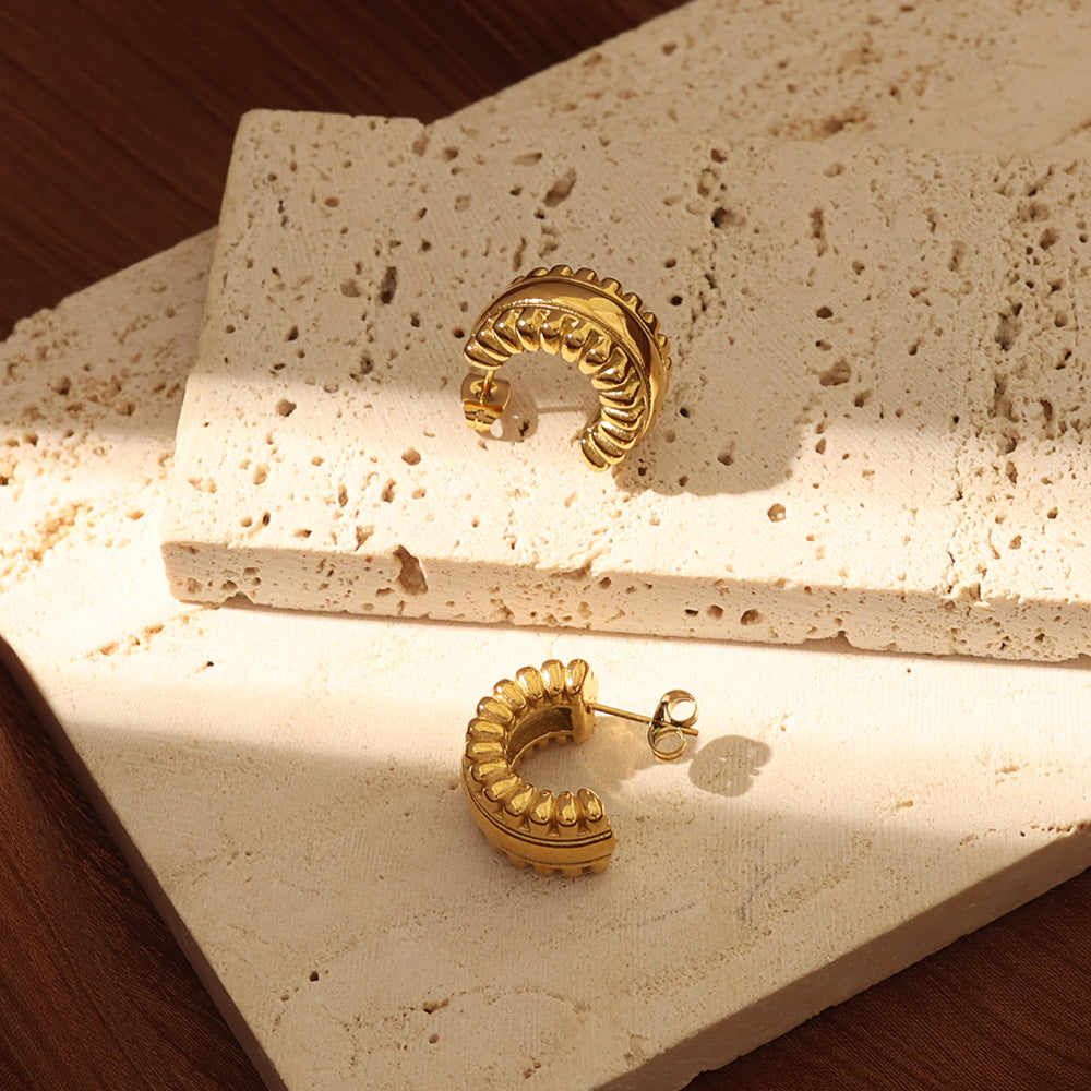 Sculpted Gold Ribbed Curved Hoops