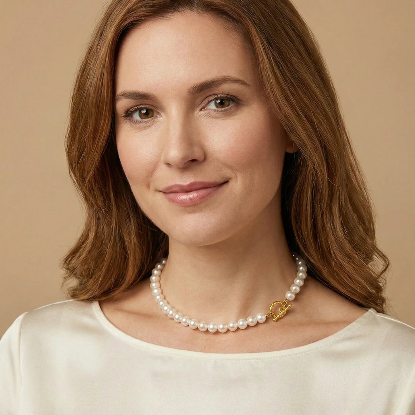 Woman wearing a pearl necklace against a beige background