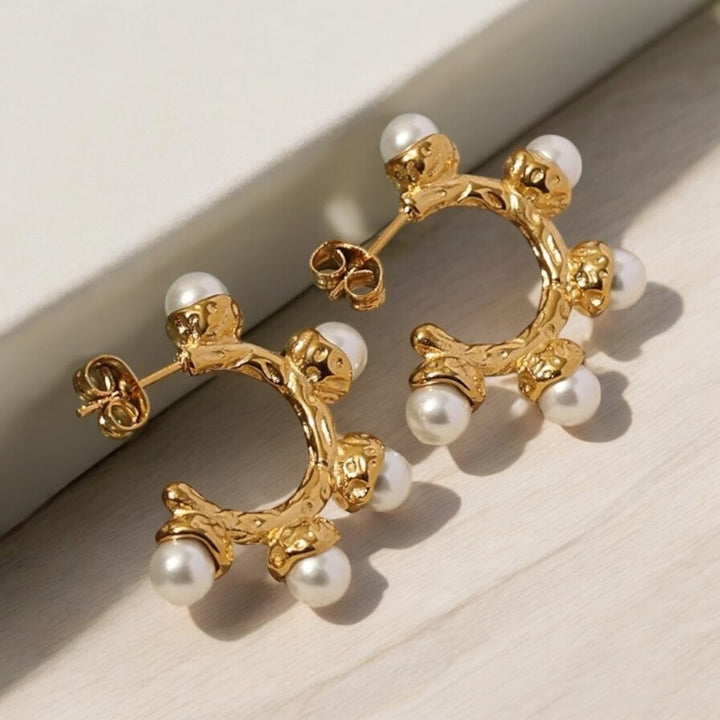 Pearl Cluster Gold Hoop Earrings