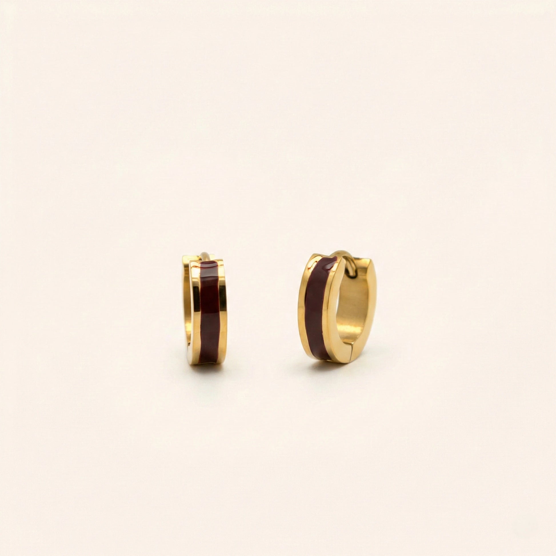 Gold hoop earrings with brown center on a light beige background